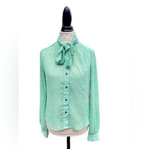 Super Cute Sheer Butterfly Mint Green tie neck blouse Pauln KC Large